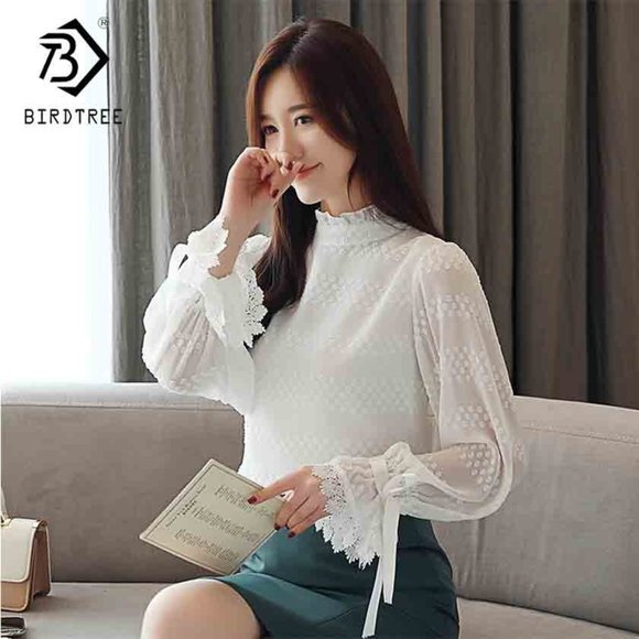 2019 New Arrival Spring Korean Women Lace Polka Dot Stand Chiffon Blouse Flare S - Picture 2 of 7